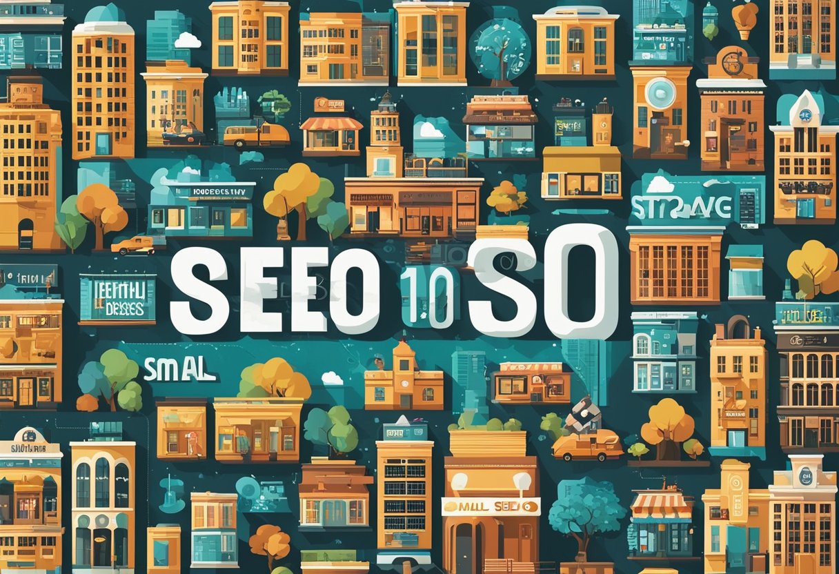 A vibrant cityscape with small businesses, SEO logos, and keywords displayed on billboards and storefronts, showcasing the top 10 SEO strategies for small businesses in 2024