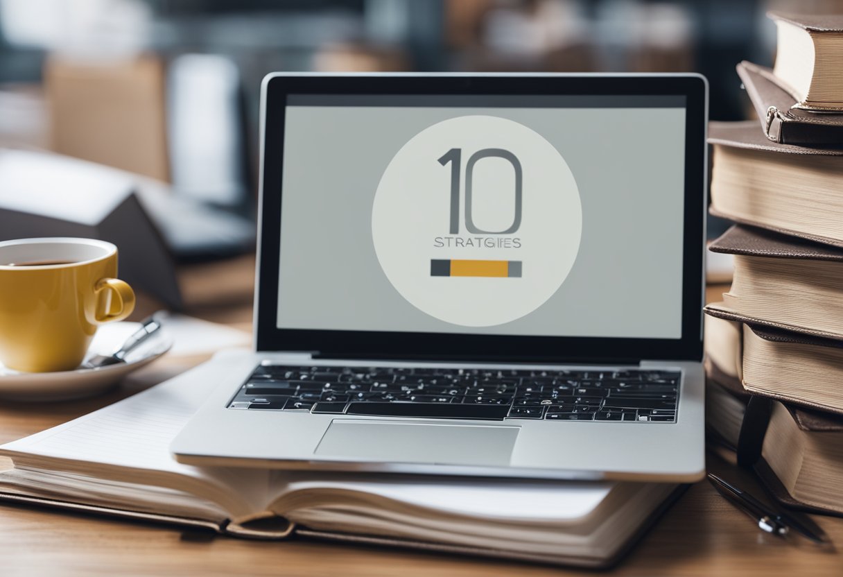 A laptop surrounded by books, with a notepad and pen, displaying "Top 10 SEO Strategies for Small Businesses in 2024."