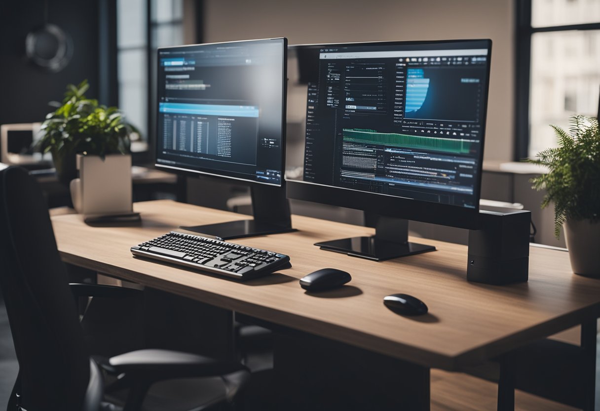 A small business office with a computer, phone, and voice assistant device. A person is speaking to the device, while the computer shows SEO strategies on the screen